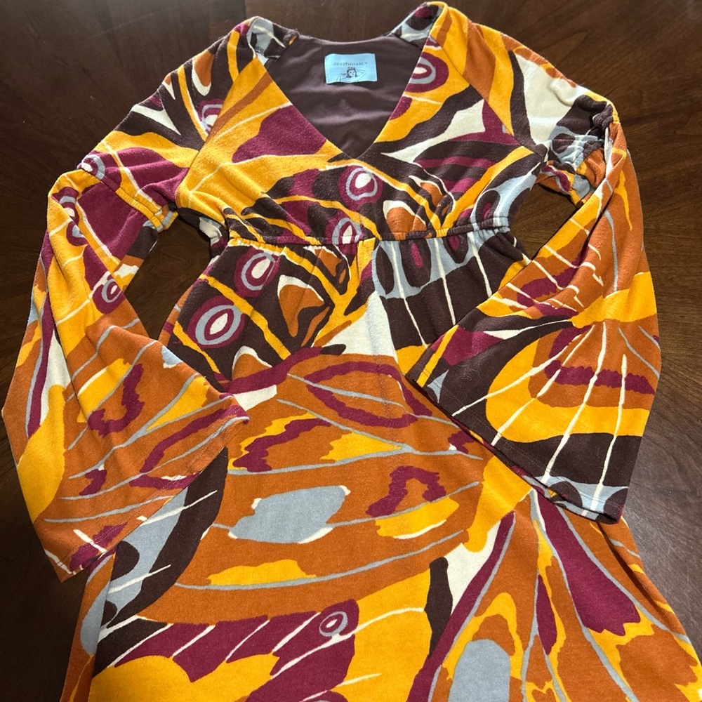 Judith March Multicolor Abstract V-Neck Dress — Mustard, Burgundy, Brown